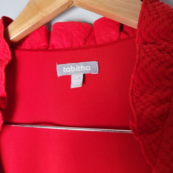 Tabitha Fit & Flare Red Textured Dress 4 Pockets Ruffle Sleeves Romantic Mod - Picture 3 of 9